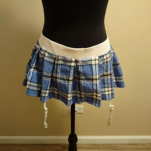 SOLD--Blue Plaid Pleated Micro Mini Skirt - Picture 12 of 15